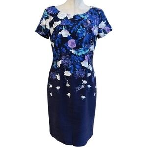 Talbots Blue White and Purple‎ floral midi sheath dress Cocktail plus size 16